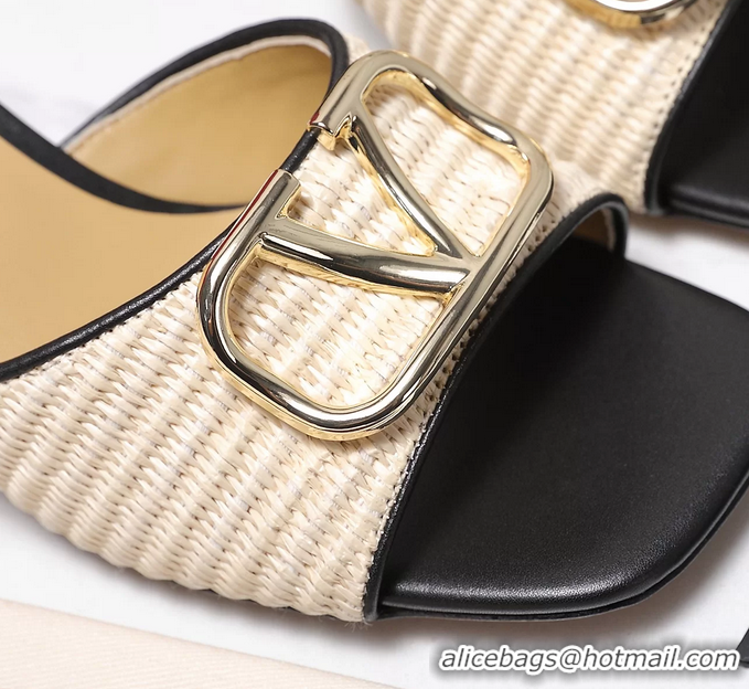 Cheap Ladies Valentino Vlogo Raffia and Leather Heeled Slides Sandals Beige Black 55MM 6060904