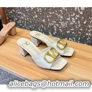 Top Grade Valentino Vlogo Leather Heeled Slides Sandals White 6060905