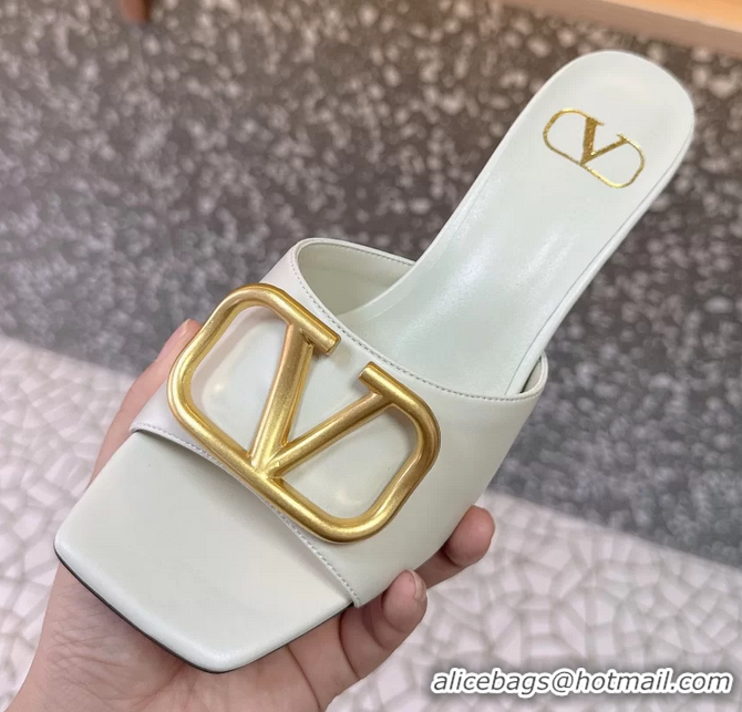 Top Grade Valentino Vlogo Leather Heeled Slides Sandals White 6060905