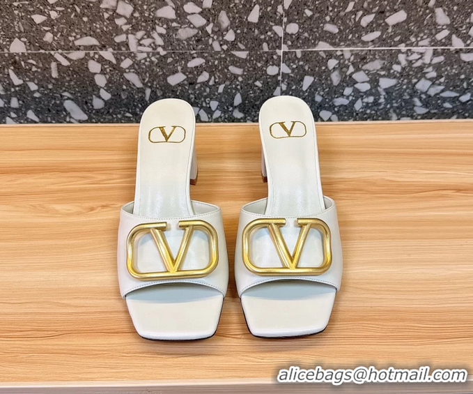 Top Grade Valentino Vlogo Leather Heeled Slides Sandals White 6060905