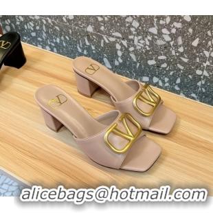 Super Valentino Vlogo Leather Heeled Slides Sandals Pink 6060905