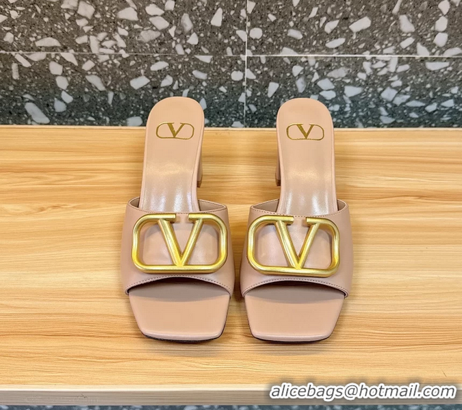 Super Valentino Vlogo Leather Heeled Slides Sandals Pink 6060905