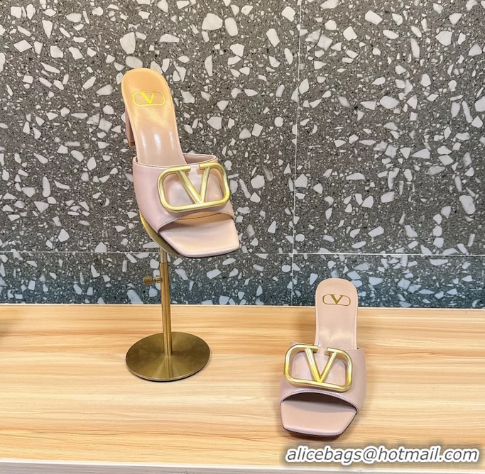 Super Valentino Vlogo Leather Heeled Slides Sandals Pink 6060905