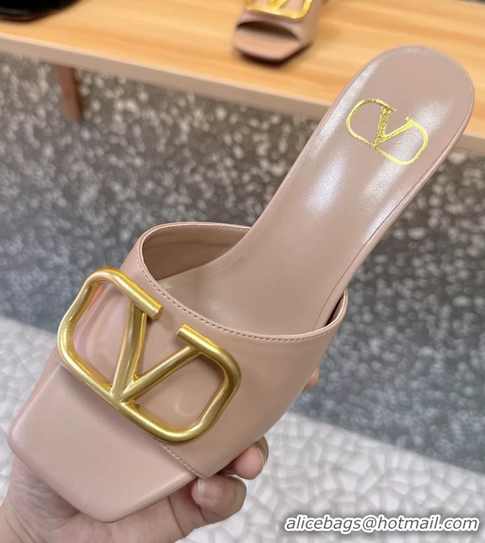 Super Valentino Vlogo Leather Heeled Slides Sandals Pink 6060905