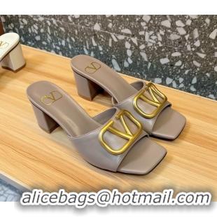 Top Design Valentino Vlogo Leather Heeled Slides Sandals Gray 6060905