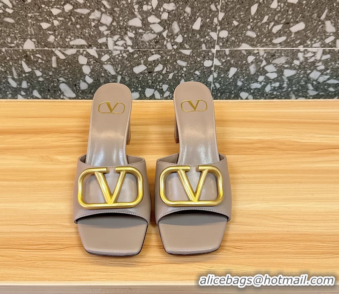 Top Design Valentino Vlogo Leather Heeled Slides Sandals Gray 6060905