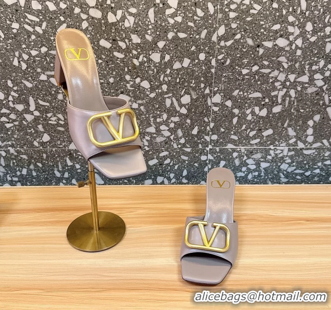 Top Design Valentino Vlogo Leather Heeled Slides Sandals Gray 6060905