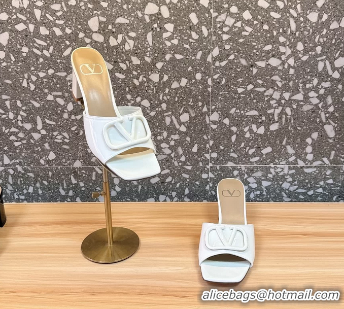 Pretty Style Valentino Vlogo Patent Leather Heeled Slides Sandals White 6060905
