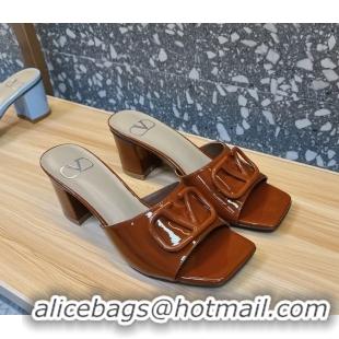 Buy Discount Valentino Vlogo Patent Leather Heeled Slides Sandals Brown 6060905
