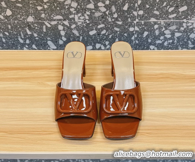 Buy Discount Valentino Vlogo Patent Leather Heeled Slides Sandals Brown 6060905
