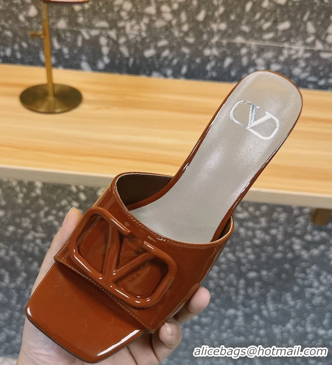 Buy Discount Valentino Vlogo Patent Leather Heeled Slides Sandals Brown 6060905