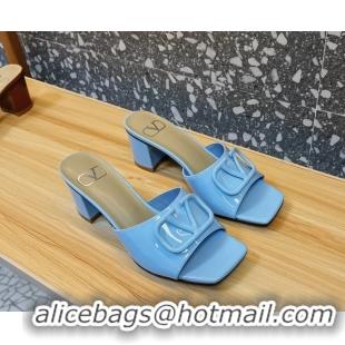 Shop Duplicate Valentino Vlogo Patent Leather Heeled Slides Sandals Blue 6060905