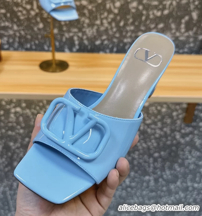 Shop Duplicate Valentino Vlogo Patent Leather Heeled Slides Sandals Blue 6060905