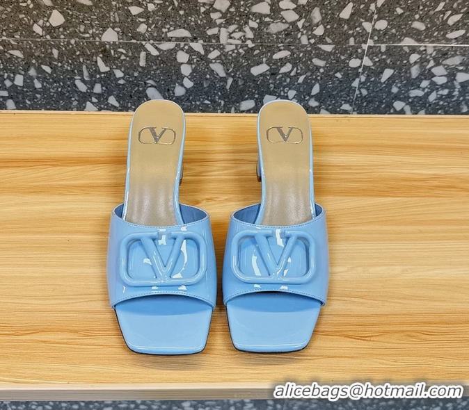 Shop Duplicate Valentino Vlogo Patent Leather Heeled Slides Sandals Blue 6060905