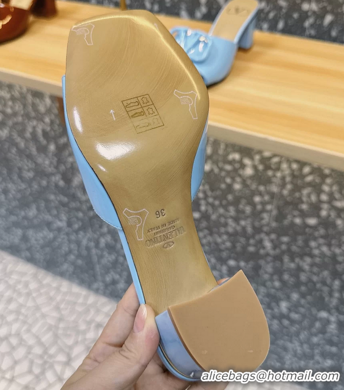 Shop Duplicate Valentino Vlogo Patent Leather Heeled Slides Sandals Blue 6060905