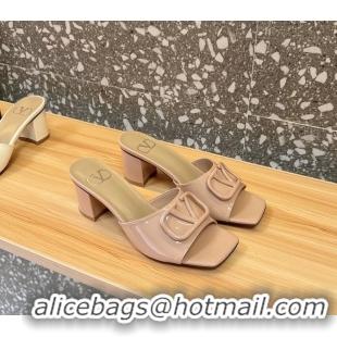 Shop Duplicate Valentino Vlogo Patent Leather Heeled Slides Sandals Beige 6060905