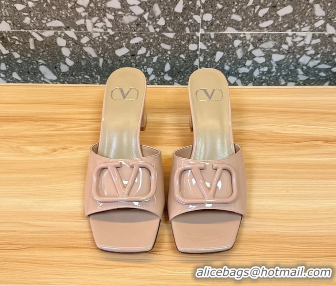 Shop Duplicate Valentino Vlogo Patent Leather Heeled Slides Sandals Beige 6060905