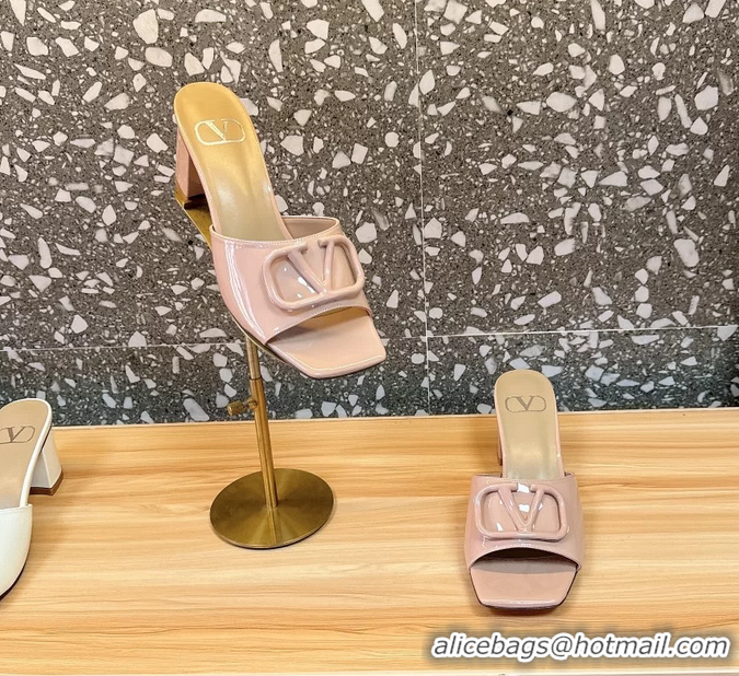 Shop Duplicate Valentino Vlogo Patent Leather Heeled Slides Sandals Beige 6060905