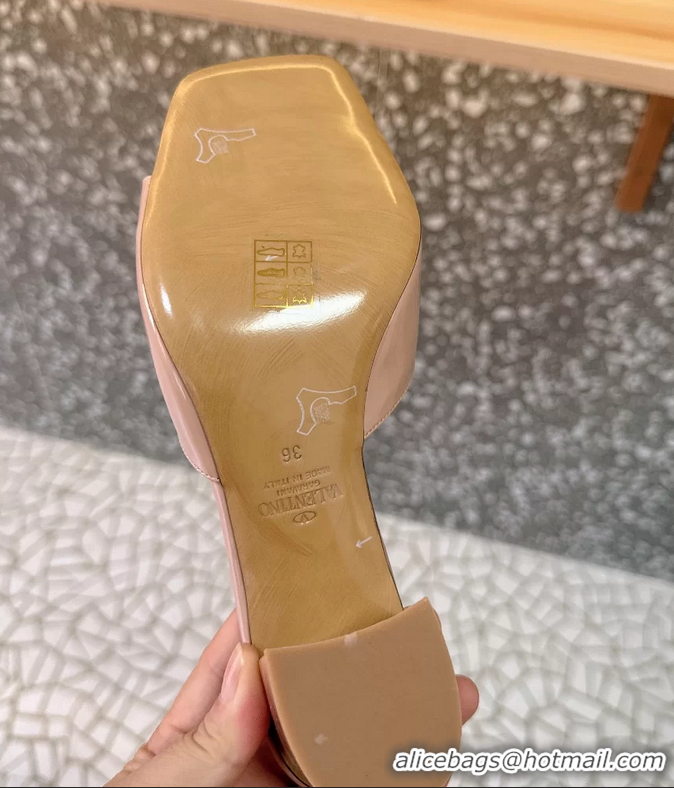 Shop Duplicate Valentino Vlogo Patent Leather Heeled Slides Sandals Beige 6060905