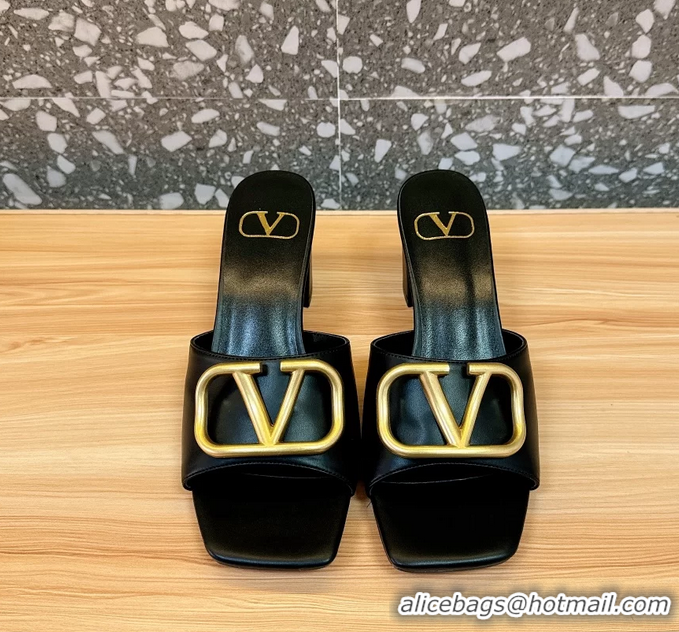 Charming Valentino Vlogo Leather Heeled Slides Sandals Black 6060905