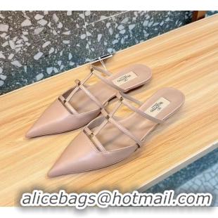Top Design Valentino Garavani Rockstud Wispy Leather Flat Mules Nude 6060907