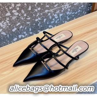 Hot Style Valentino Garavani Rockstud Wispy Leather Flat Mules Black 6060909