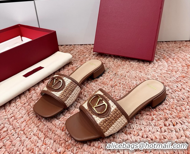 Grade Valentino Vlogo Raffia Flat Slides Sandal Brown Beige 6060911