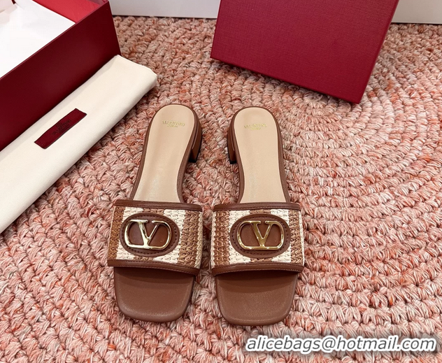 Grade Valentino Vlogo Raffia Flat Slides Sandal Brown Beige 6060911