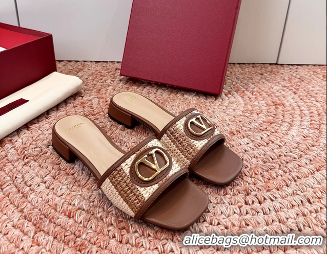 Grade Valentino Vlogo Raffia Flat Slides Sandal Brown Beige 6060911