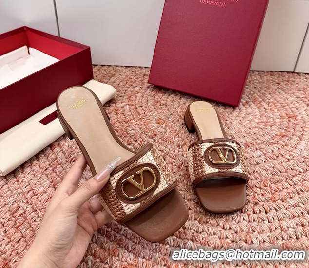 Grade Valentino Vlogo Raffia Flat Slides Sandal Brown Beige 6060911