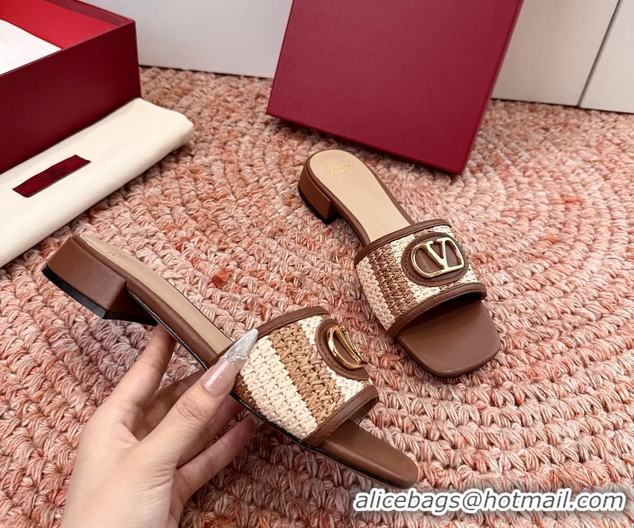 Grade Valentino Vlogo Raffia Flat Slides Sandal Brown Beige 6060911