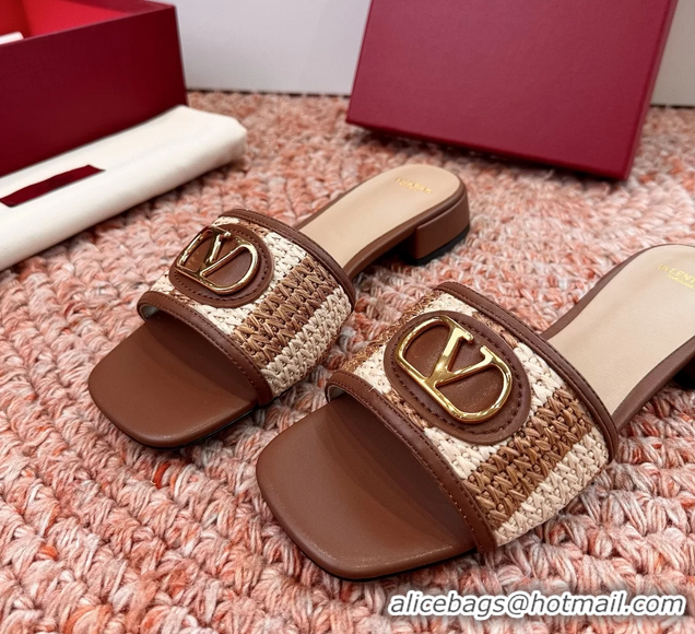Grade Valentino Vlogo Raffia Flat Slides Sandal Brown Beige 6060911