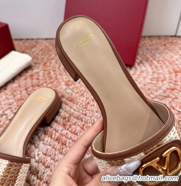 Grade Valentino Vlogo Raffia Flat Slides Sandal Brown Beige 6060911