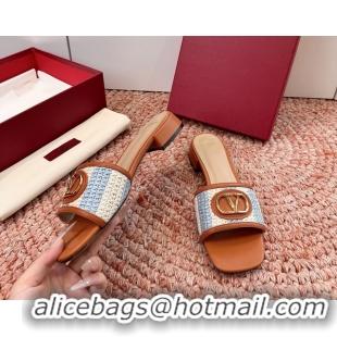Best Product Valentino Vlogo Raffia Flat Slides Sandal Blue White 6060911