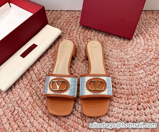 Best Product Valentino Vlogo Raffia Flat Slides Sandal Blue White 6060911