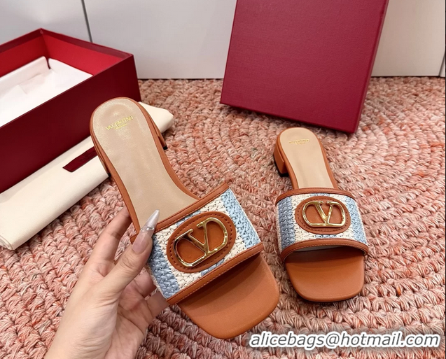 Best Product Valentino Vlogo Raffia Flat Slides Sandal Blue White 6060911