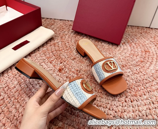 Best Product Valentino Vlogo Raffia Flat Slides Sandal Blue White 6060911