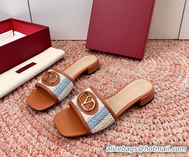 Best Product Valentino Vlogo Raffia Flat Slides Sandal Blue White 6060911