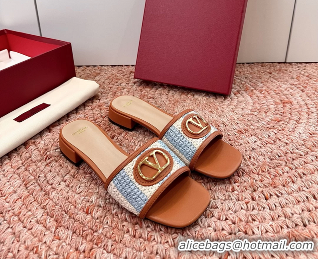 Best Product Valentino Vlogo Raffia Flat Slides Sandal Blue White 6060911