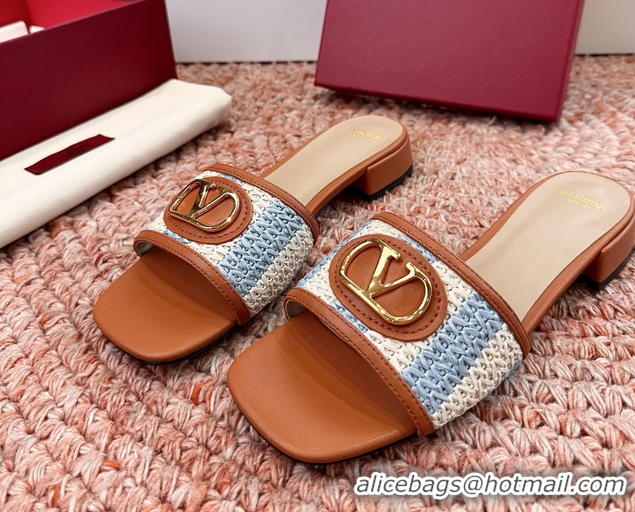 Best Product Valentino Vlogo Raffia Flat Slides Sandal Blue White 6060911