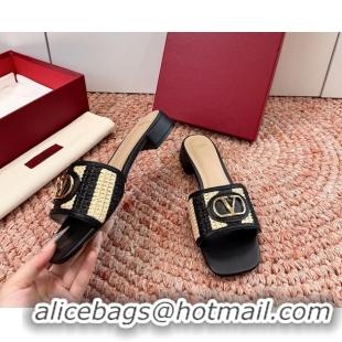 Top Grade Valentino Vlogo Raffia Flat Slides Sandal Black Beige 6060911