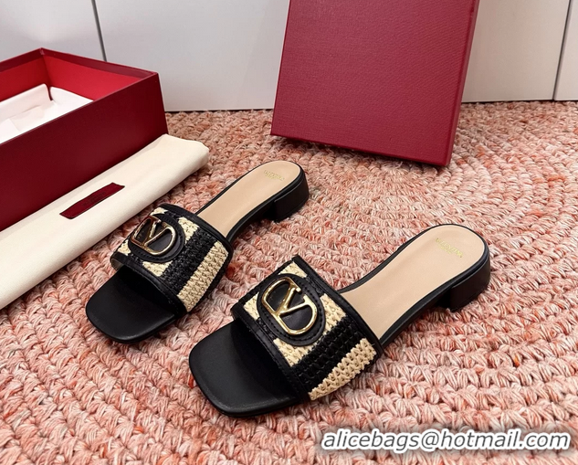Top Grade Valentino Vlogo Raffia Flat Slides Sandal Black Beige 6060911