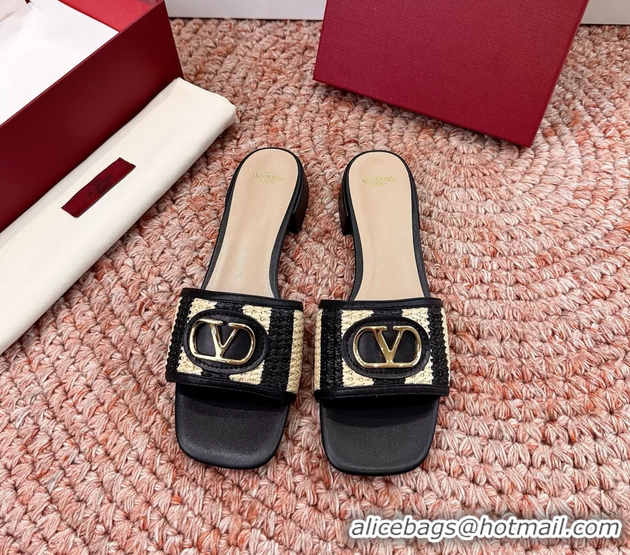 Top Grade Valentino Vlogo Raffia Flat Slides Sandal Black Beige 6060911