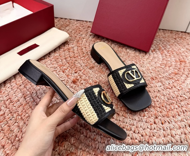 Top Grade Valentino Vlogo Raffia Flat Slides Sandal Black Beige 6060911