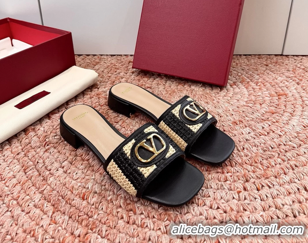 Top Grade Valentino Vlogo Raffia Flat Slides Sandal Black Beige 6060911