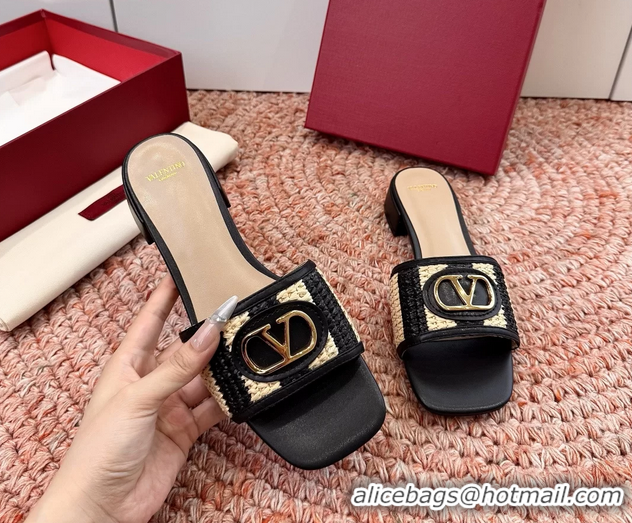 Top Grade Valentino Vlogo Raffia Flat Slides Sandal Black Beige 6060911