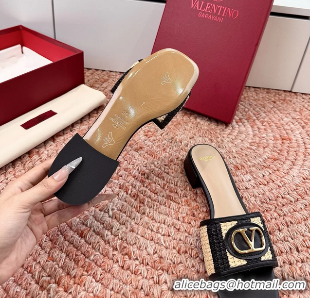 Top Grade Valentino Vlogo Raffia Flat Slides Sandal Black Beige 6060911