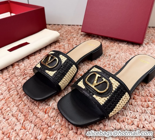 Top Grade Valentino Vlogo Raffia Flat Slides Sandal Black Beige 6060911