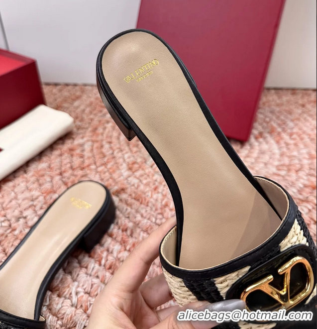 Top Grade Valentino Vlogo Raffia Flat Slides Sandal Black Beige 6060911