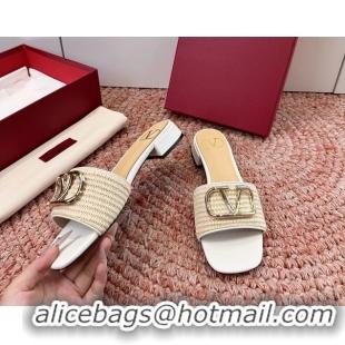 Good Quality Valentino Vlogo Raffia Flat Slides Sandal Beige White 6060911